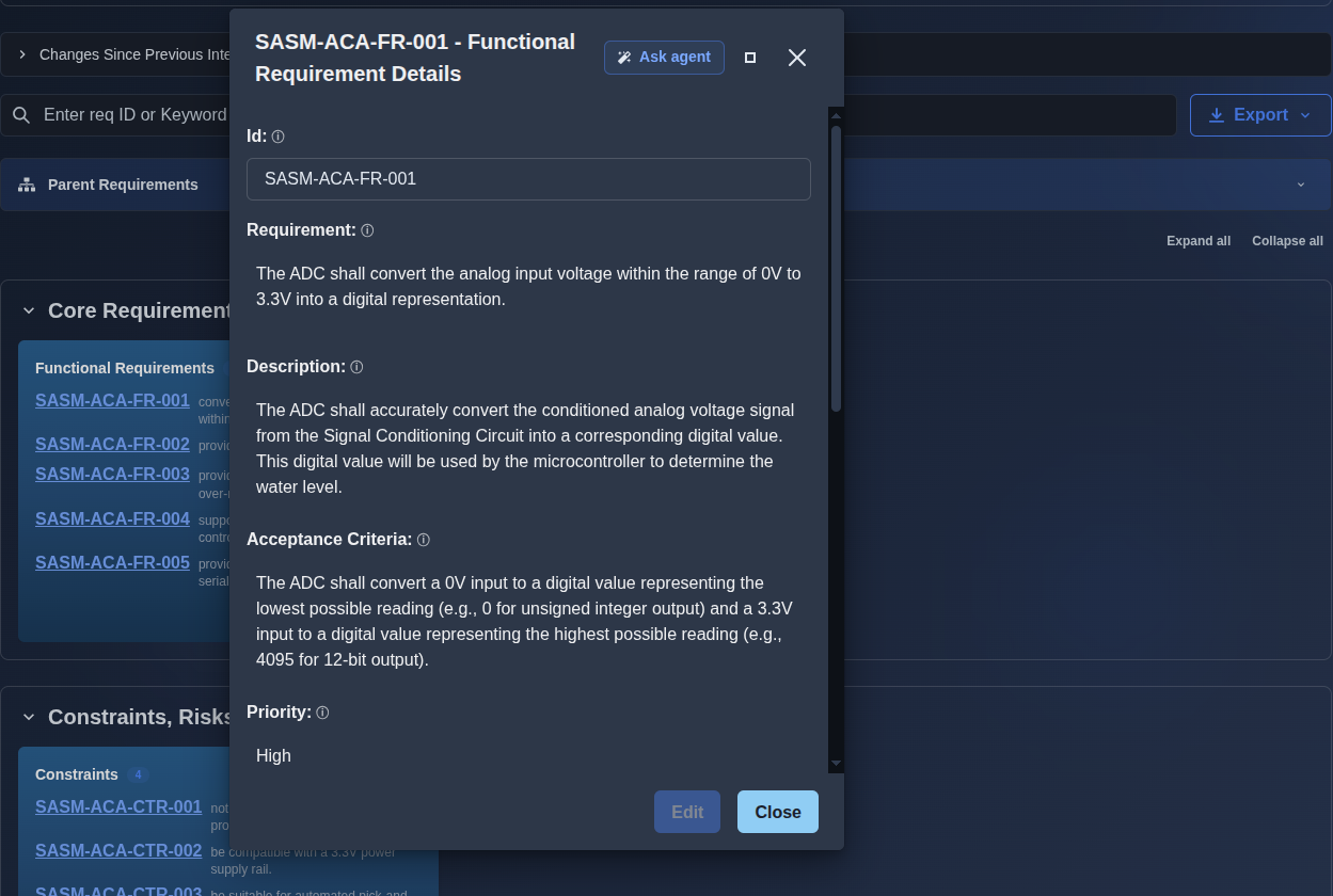 Requirement details panel