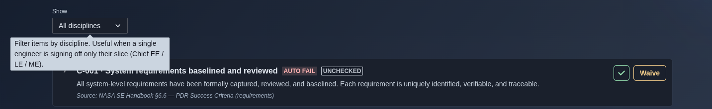 Filter checklist items by discipline