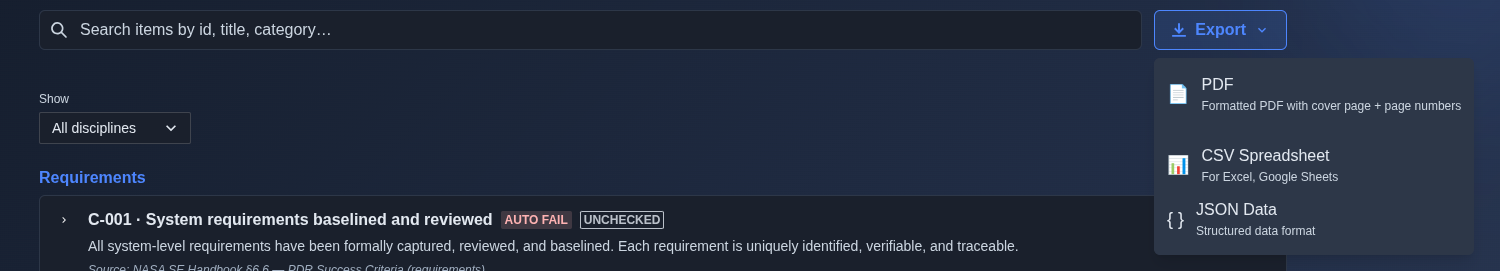 Export the checklist