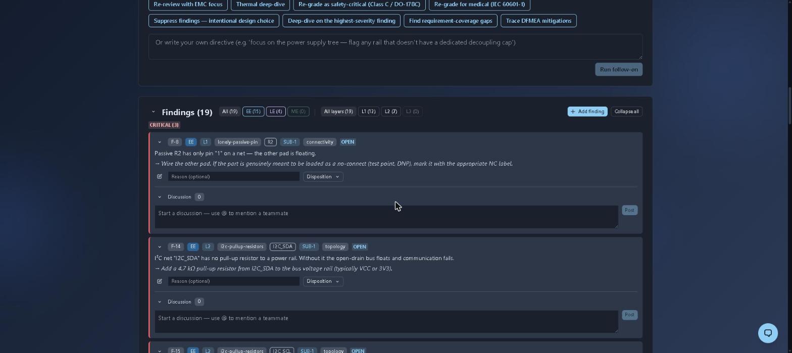 Findings list after a schematic upload — 19 findings filtered by discipline (EE/LE/ME) and by review layer (L1/L2/L3), each showing the rule that fired, the net or part it applies to, a recommendation, a disposition control and a discussion thread