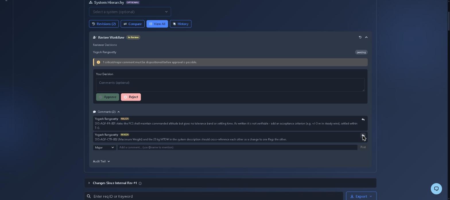 Reviewer's view of an artifact in review: two comments tagged MAJOR and MINOR, and a banner stating that one critical/major comment must be dispositioned before approval is possible, with the Approve button disabled