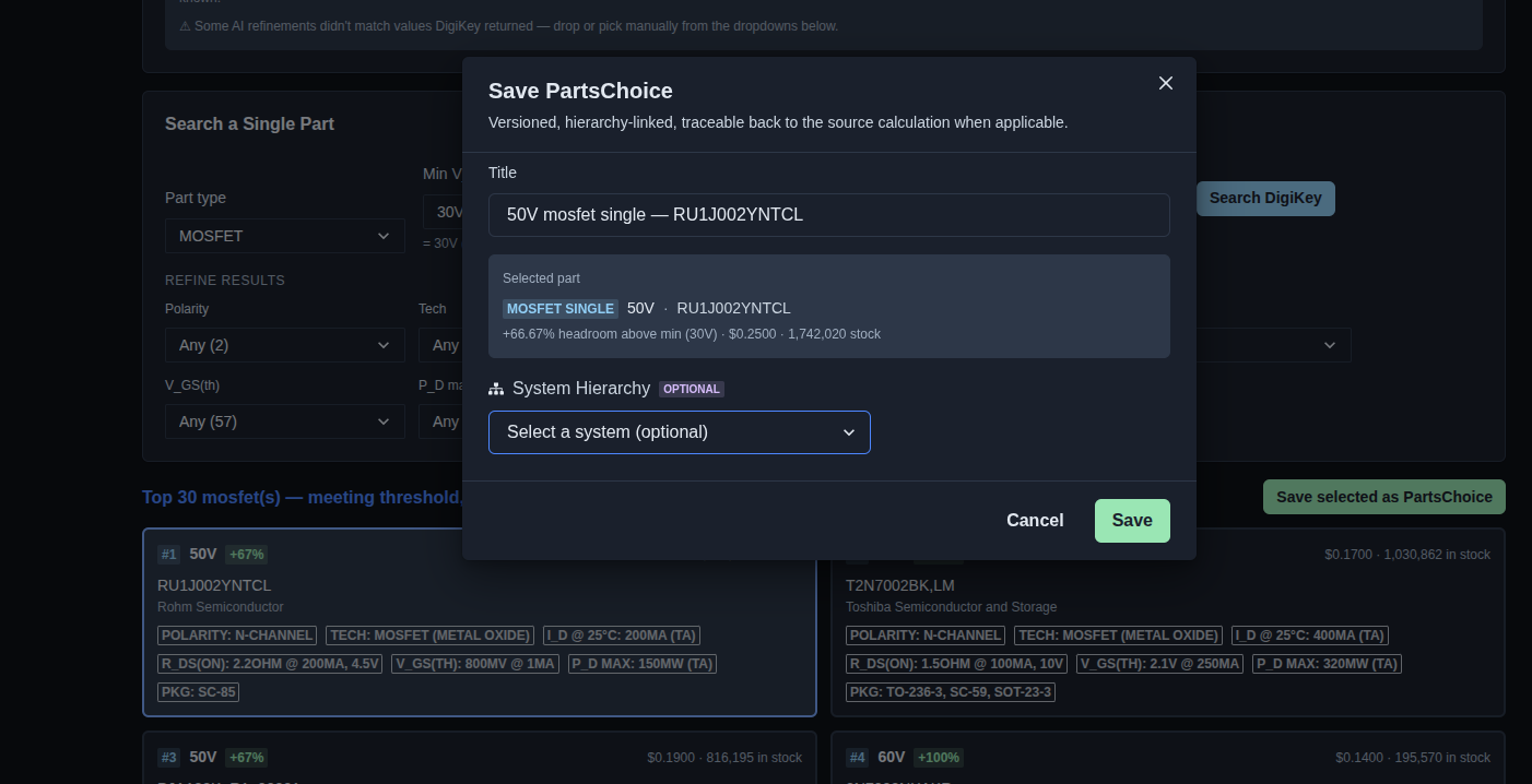 Save the selected part as a PartsChoice